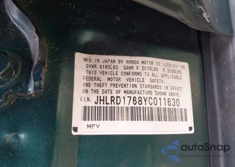 2000 Honda Cr-V Ex z USA, uszkodzony, nr VIN JHLRD1768YC011630